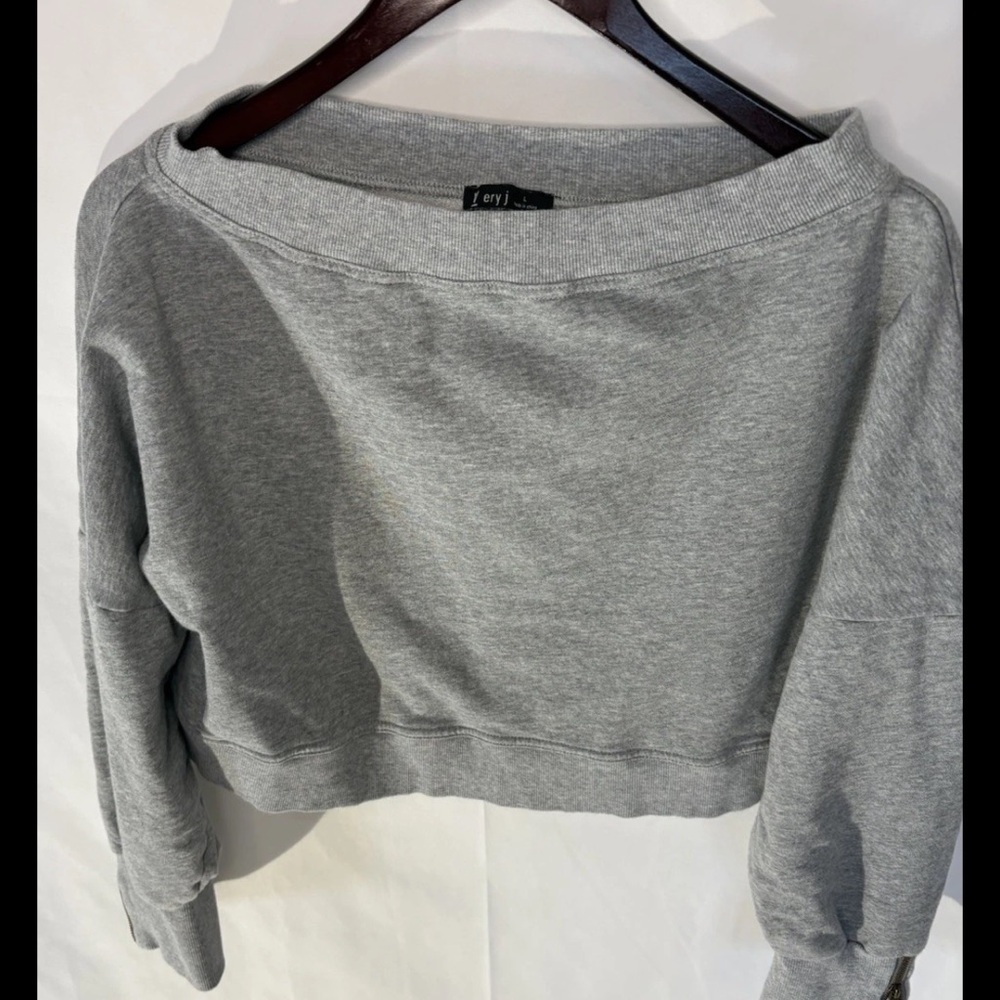Very J Women's Cropped Off Shoulder Cotton Sweatshirt Zip Sleeves Gray Large - Picture 6 of 7